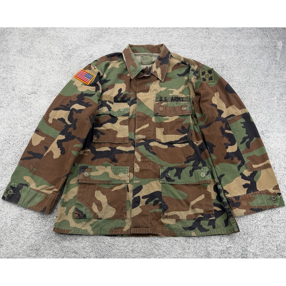 US Army Jacket Mens Medium Green Woodland Camo Patches Flag Field Coat Vintage